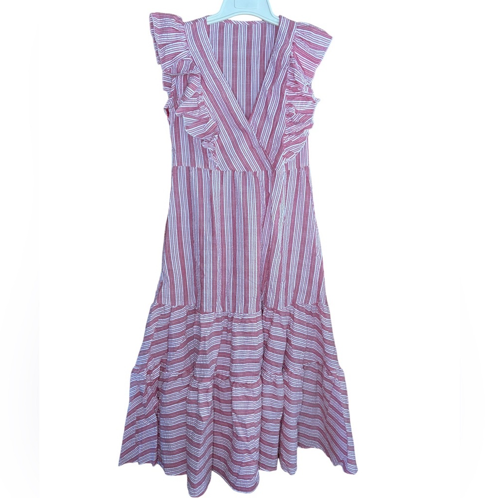 Milumia Seersucker Striped Wrap V Neck Fit & Flare Red White Ruffle Dress Small
